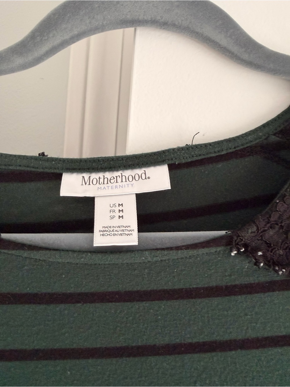 Motherhood Maternity Forest Green and Black Striped Top with Lace Detail